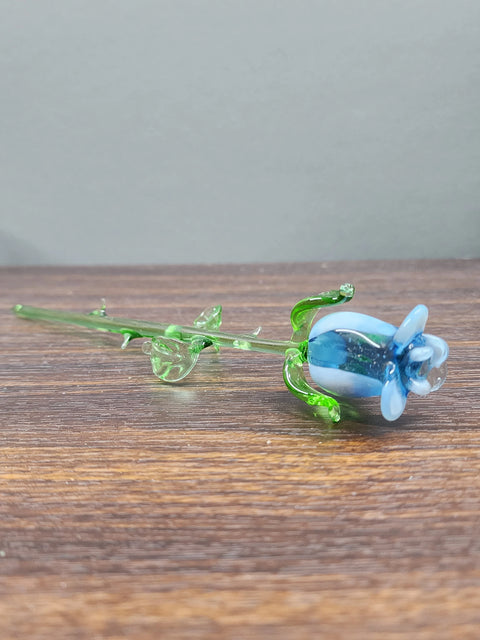 Light Blue Glass Rose - Handcrafted Medium Stem Flower