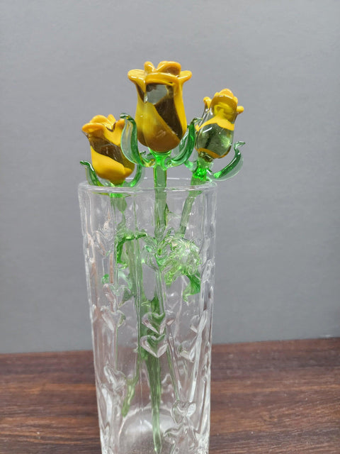 Yellow Glass Rose - Handcrafted Medium Stem Flower