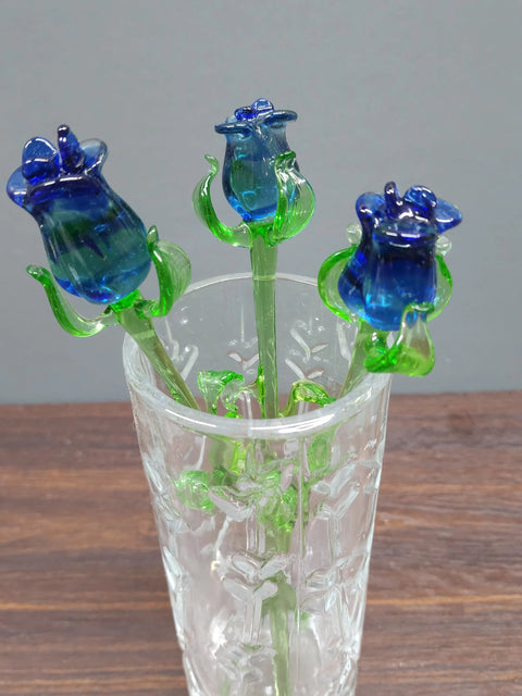 Blue Glass Rose - Handcrafted Medium Stem Flower