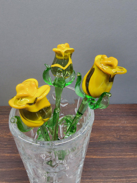 Yellow Glass Rose - Handcrafted Medium Stem Flower