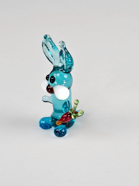 Light Blue Glass Rabbit W Carrot Figurine, Handmade Murano Quality Design - Small