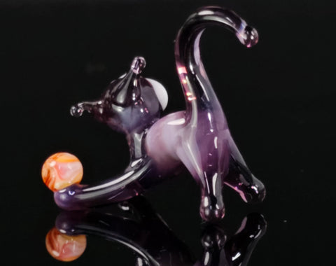 Purple Glass Cat N Ball Figurine, Handmade Quality Design - Small