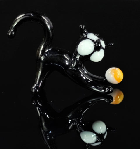 Black Glass Cat N Ball Figurine, Handmade Murano Quality Design - Small