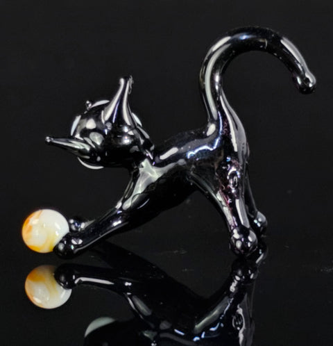 Black Glass Cat N Ball Figurine, Handmade Murano Quality Design - Small