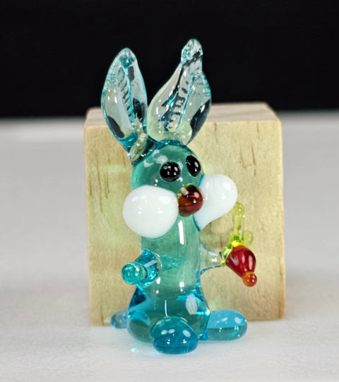 Light Blue Glass Rabbit W Carrot Figurine, Handmade Murano Quality Design - Small