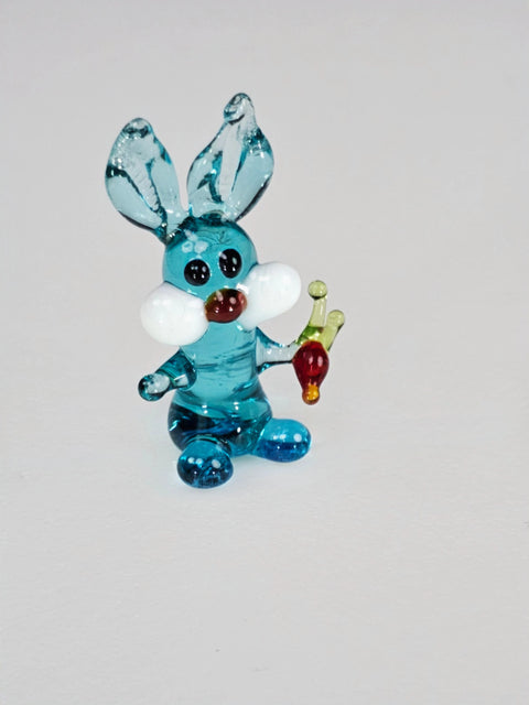 Light Blue Glass Rabbit W Carrot Figurine, Handmade Murano Quality Design - Small