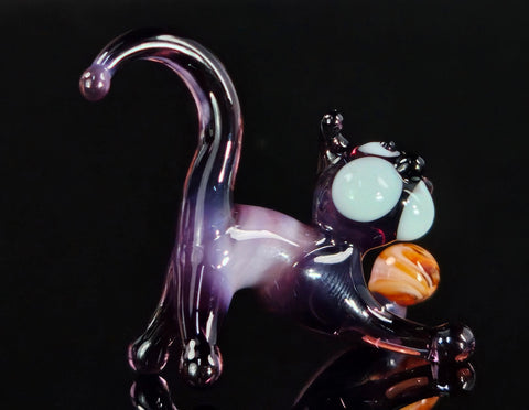 Purple Glass Cat N Ball Figurine, Handmade Quality Design - Small