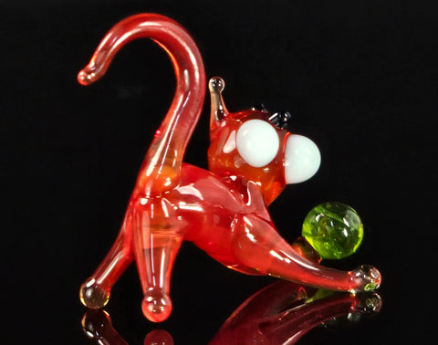 Red Glass Cat N Ball Figurine, Handmade Murano Quality Design - Small