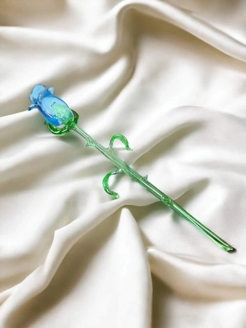 Light Blue Glass Rose - Handcrafted Medium Stem Flower