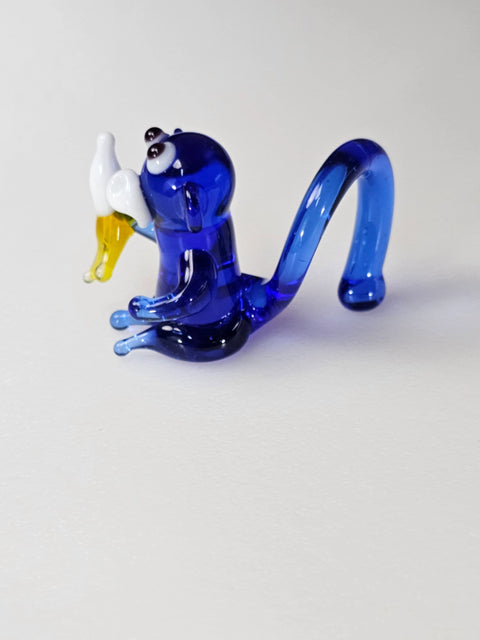 Blue Glass Monkey W Banana Figurine, Handmade Murano Quality Design - Small