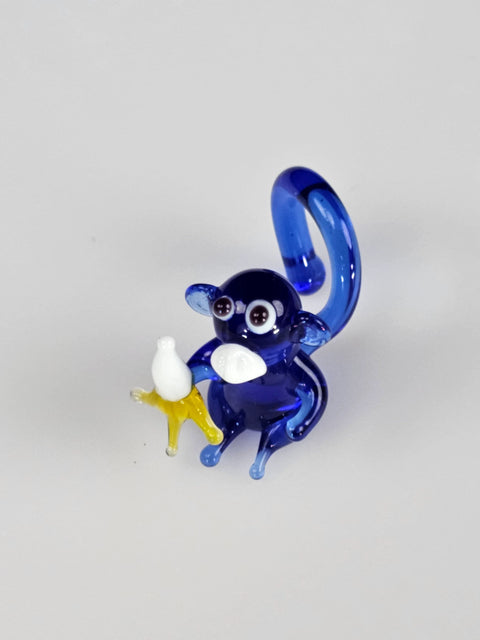 Blue Glass Monkey W Banana Figurine, Handmade Murano Quality Design - Small