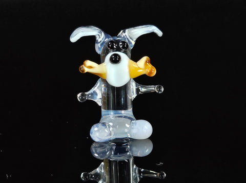 White Glass Dog W Bone Figurine, Handmade Murano Quality Design - Small