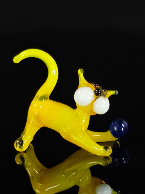 Yellow Glass Cat N Ball Figurine, Hand Made Murano Quality Design - Small