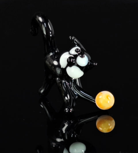 Black Glass Cat N Ball Figurine, Handmade Murano Quality Design - Small