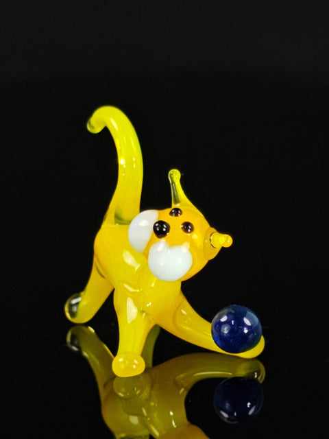 Yellow Glass Cat N Ball Figurine, Hand Made Murano Quality Design - Small