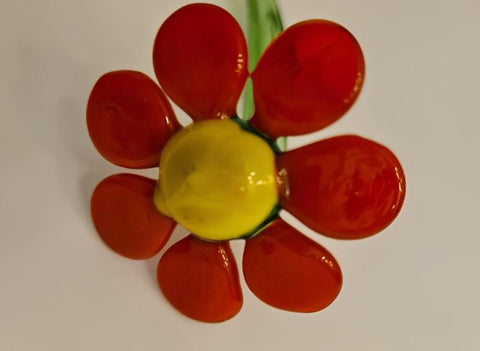 a red flower with a yellow center on a white surface