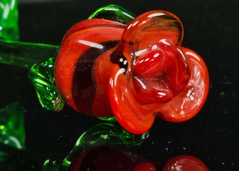 a close up of a red pepper on a black surface