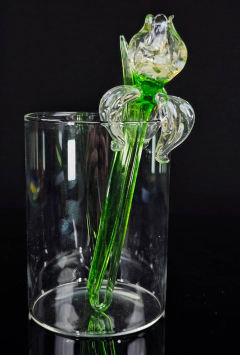 a green flower in a clear glass vase