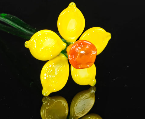 a yellow flower with a red stem on a black surface