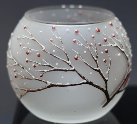 Frosted Glass Candle Holder - Red Cardinal - Multiple Sizes