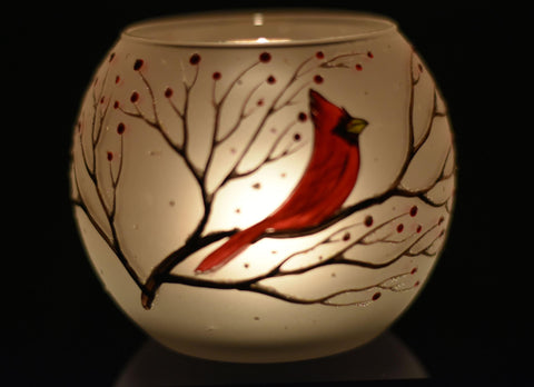 Frosted Glass Candle Holder - Red Cardinal - Multiple Sizes