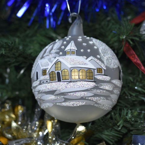 Frosted Blown Glass Ornament - Handcrafted - White Church Design