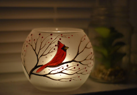 Frosted Glass Candle Holder - Red Cardinal - Multiple Sizes