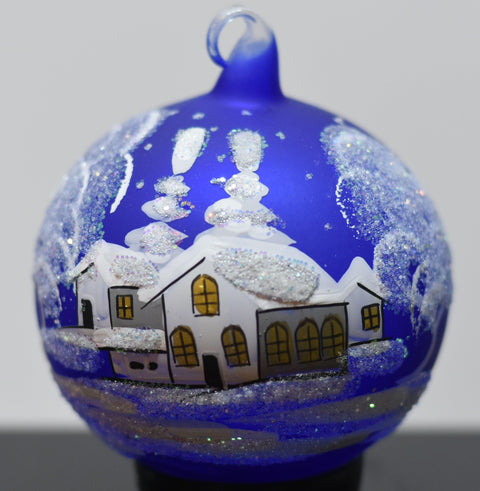 Blue Blown Glass Ornament - Handcrafted - White Church Design