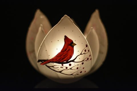 Frosted Glass Lotus Blossom Candle Holder - Red Cardinal