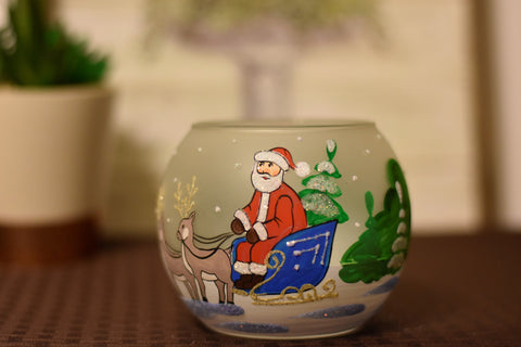 Glass Candle Holder - Santa Claus In Sleigh Design