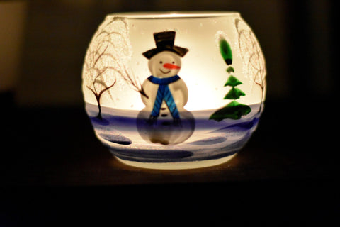 Frosted And Light Blue Glass Candle Holder  - Snowman In Winter