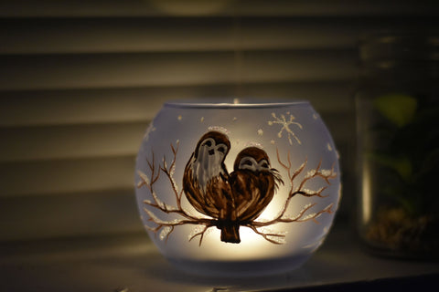 Light Blue Glass Candle Holder - Love Owls - Multiple Sizes