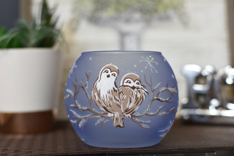 Light Blue Glass Candle Holder - Love Owls - Multiple Sizes