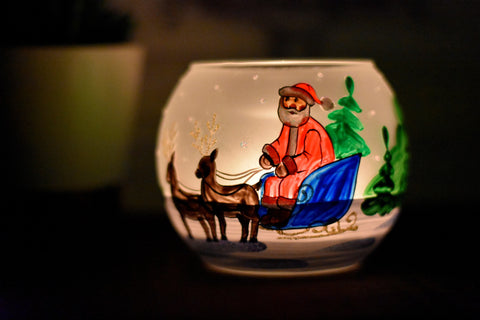 Glass Candle Holder - Santa Claus In Sleigh Design