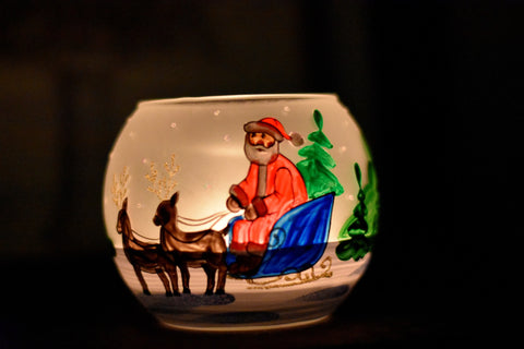 Glass Candle Holder - Santa Claus In Sleigh Design