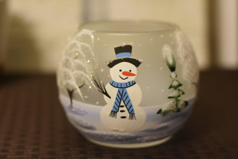 Frosted And Light Blue Glass Candle Holder  - Snowman In Winter