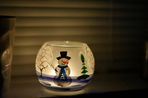 Frosted And Light Blue Glass Candle Holder  - Snowman In Winter