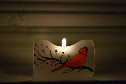 Frosted Glass Single Candle Holder  - Red Cardinal