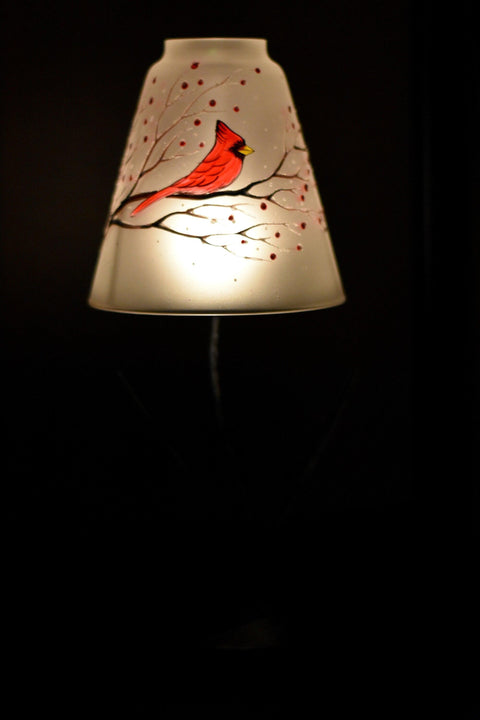 Frosted Glass Lamp Candle Holder  - Red Cardinal