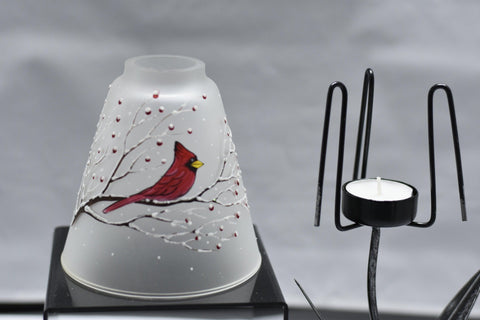 Frosted Glass Lamp Candle Holder  - Red Cardinal