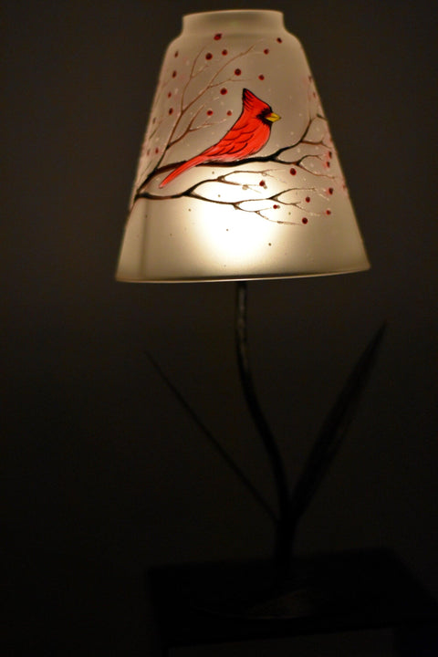 Frosted Glass Lamp Candle Holder  - Red Cardinal