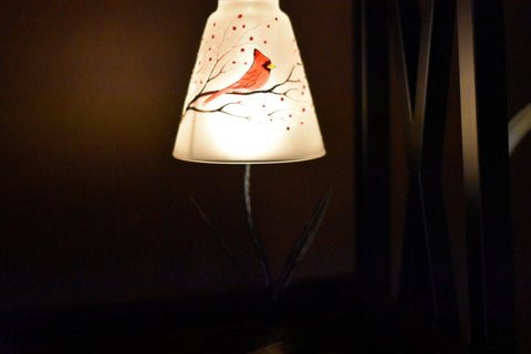 Frosted Glass Lamp Candle Holder  - Red Cardinal