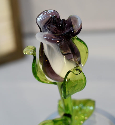 Purple & White Glass Rose - Handcrafted Long Stem Flower