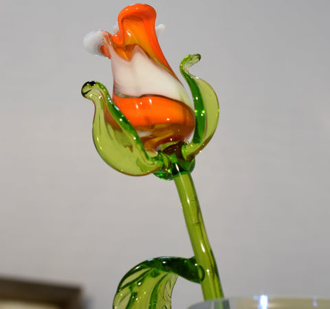 Orange And White Glass Rose - Handcrafted Long Stem Flower