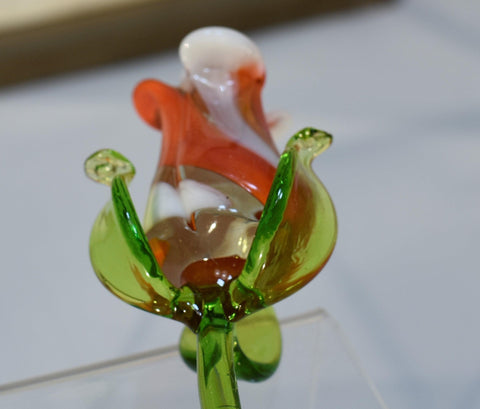 Orange And White Glass Rose - Handcrafted Long Stem Flower