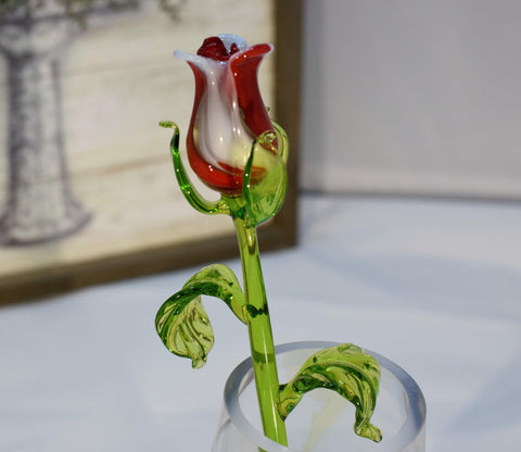 Long Stem Glass Rose - Red and White - Single Rose - Handmade Flower - Alma Mater Rose - Made In Ukraine - Murano Quality