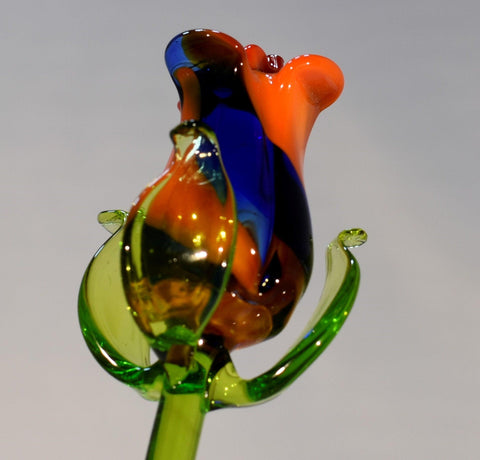 Blue & Orange Glass Rose - Handcrafted Long Stem Flower