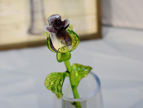 Purple & White Glass Rose - Handcrafted Long Stem Flower