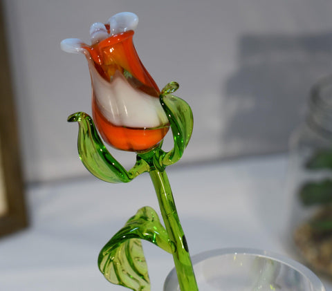 Orange And White Glass Rose - Handcrafted Long Stem Flower