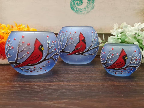 Light Blue Glass Candle Holder - Red Cardinal- Multiple Sizes